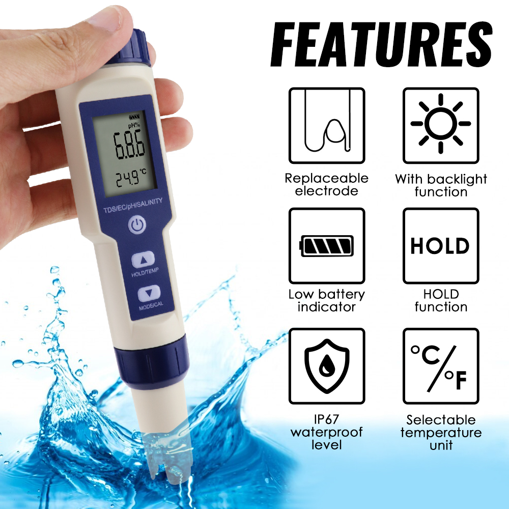 5 IN 1 PH Temperature TDS EC S - Ph Meter Digital Water Tester 评论和价格